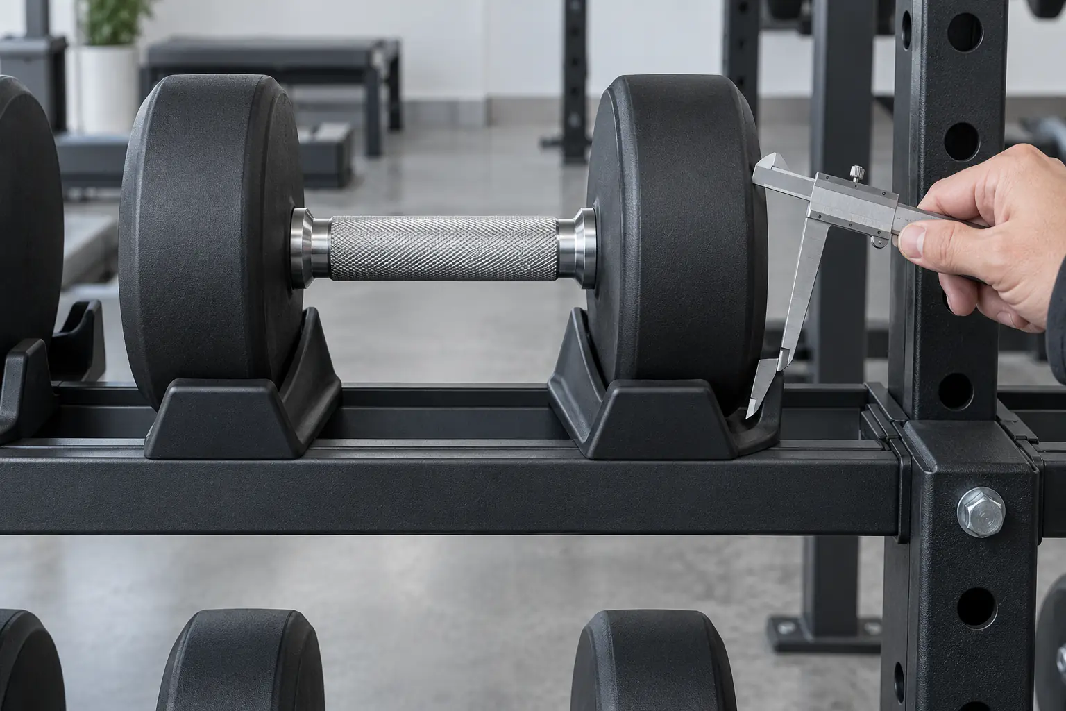 Handle-clearance check on an unbranded hex dumbbell stored on an angled tray