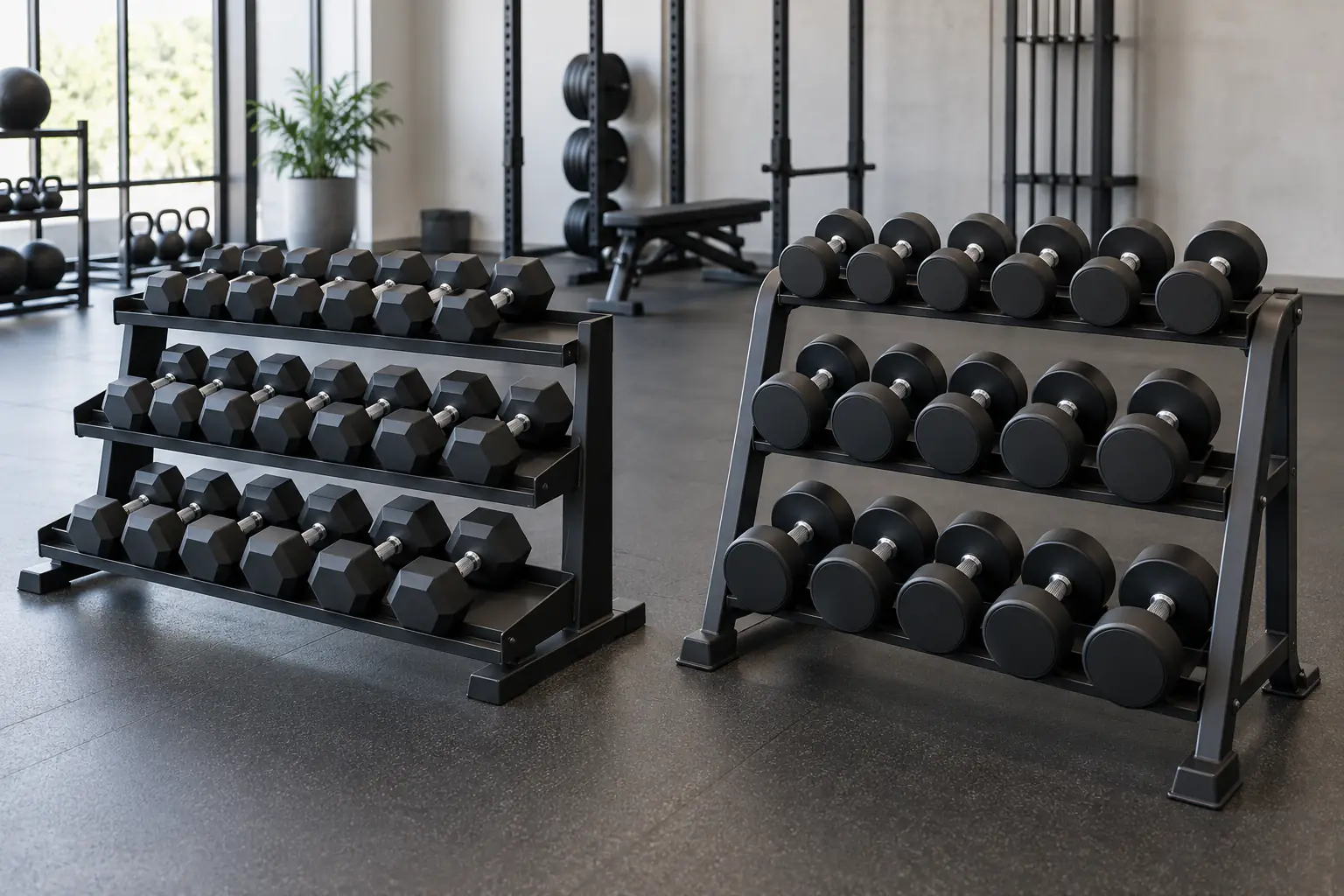 Unbranded tray and saddle dumbbell racks compared in a conceptual commercial gym