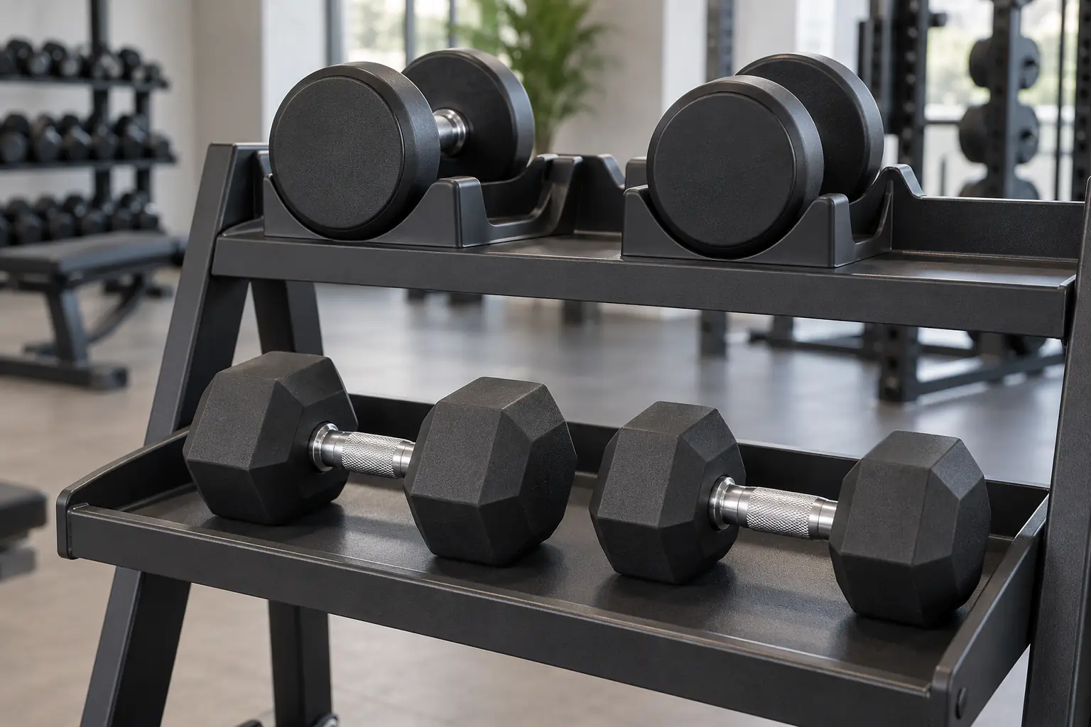Round and hex dumbbells shown on distinct commercial rack interfaces