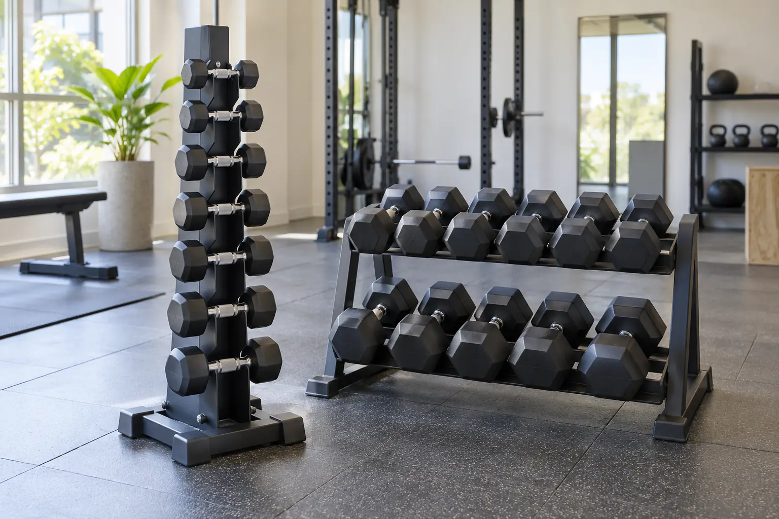 Perbandingan rak baki dan dudukan tanpa merek dalam gym konseptual