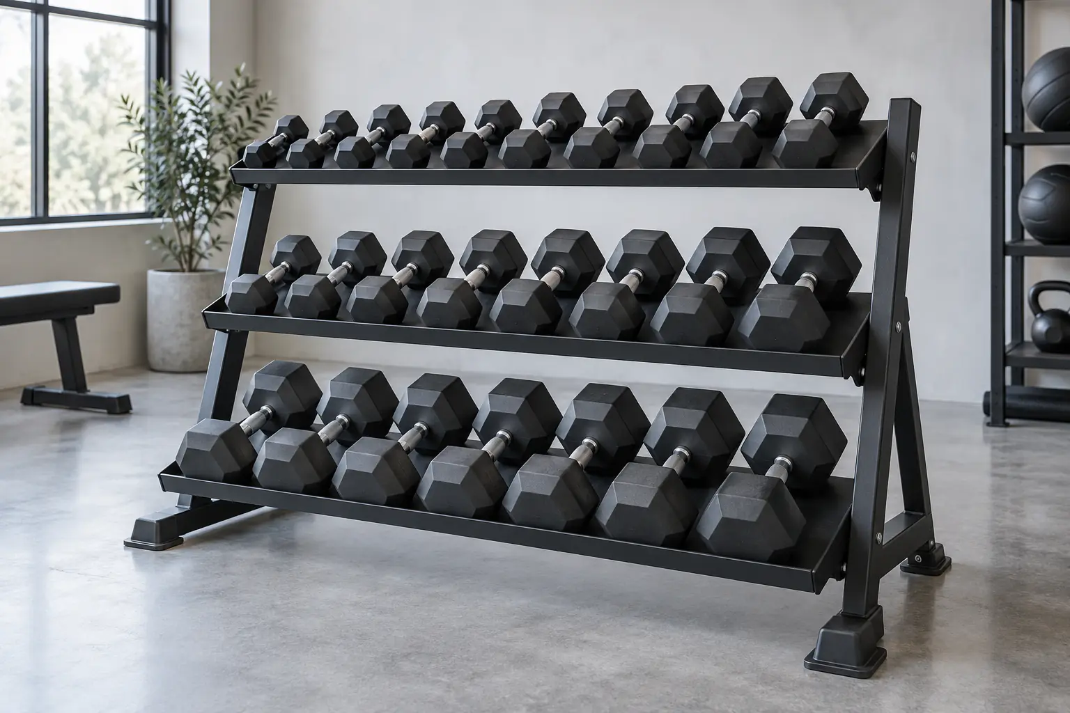 Ronde en hexagonale dumbbells op verschillende steunen