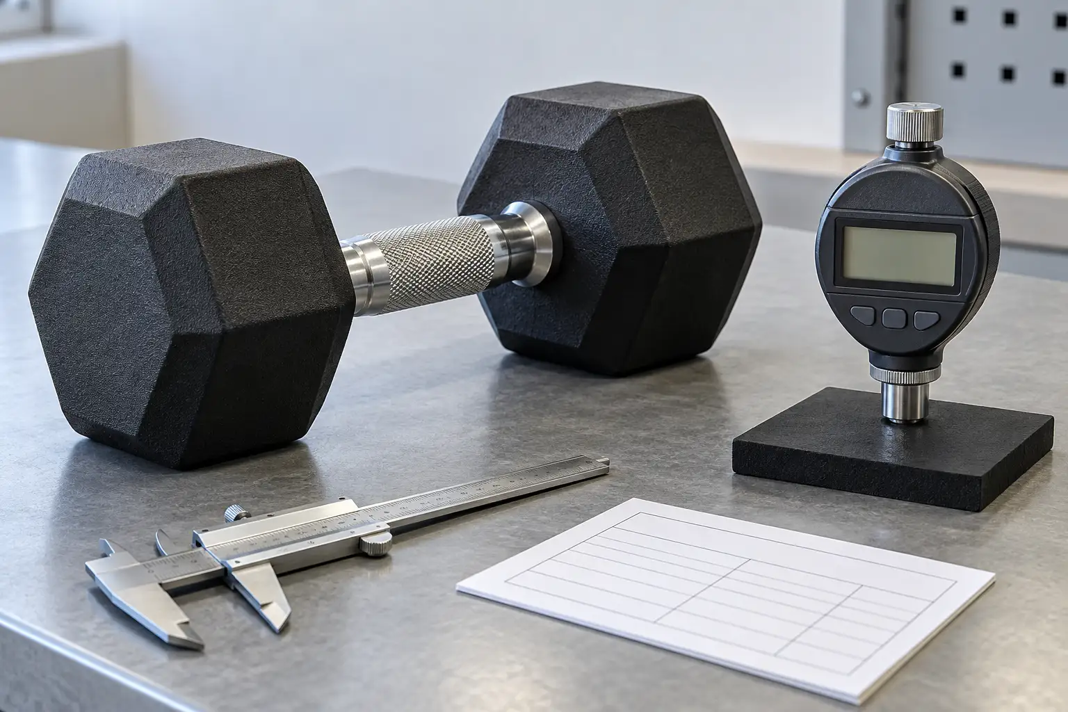 Unbranded rubber hex dumbbells beside an upright Shore durometer testing a flat black rubber witness coupon on a clean inspection bench