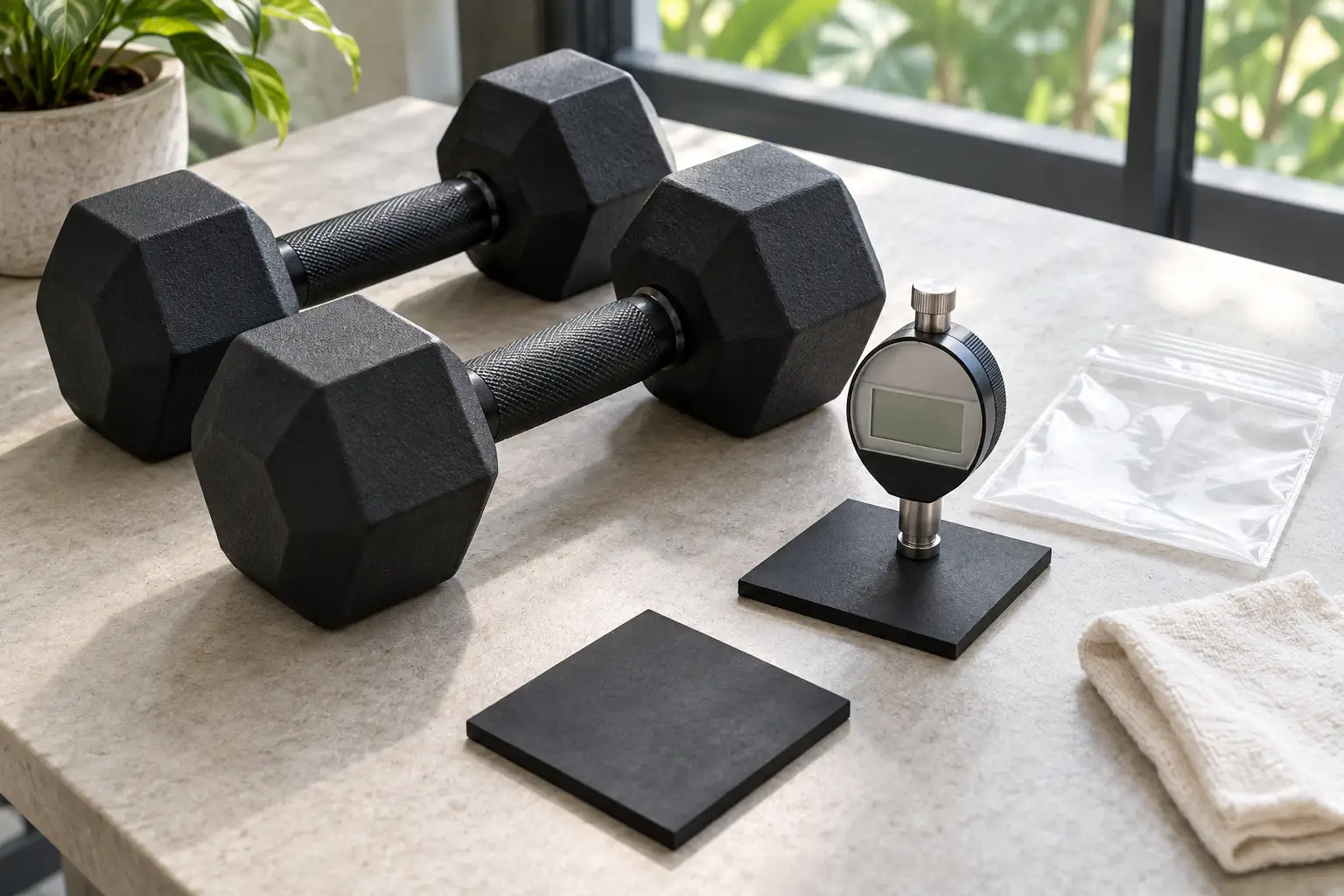 Dumbbell hex karet tanpa merek di samping durometer Shore tegak yang mengukur kupon karet hitam datar pada meja inspeksi bersih