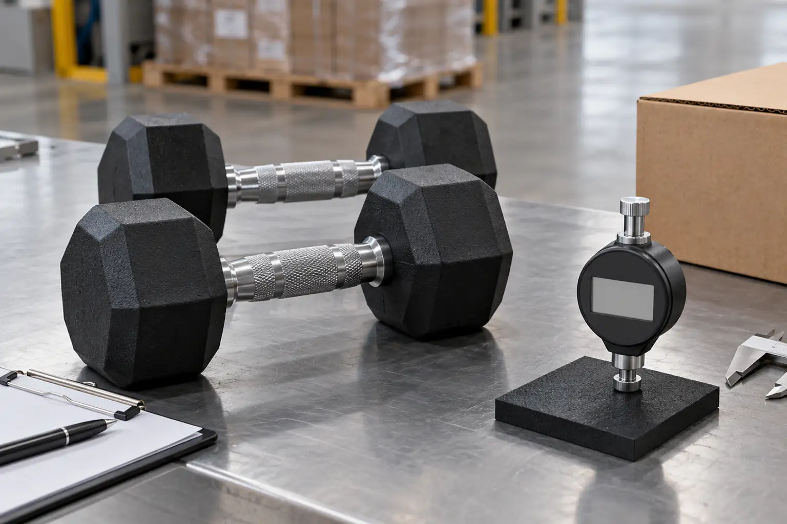 Merkloze rubber hex dumbbells naast een rechtopstaande Shore-durometer op een vlak zwart referentiestuk aan een schone inspectietafel