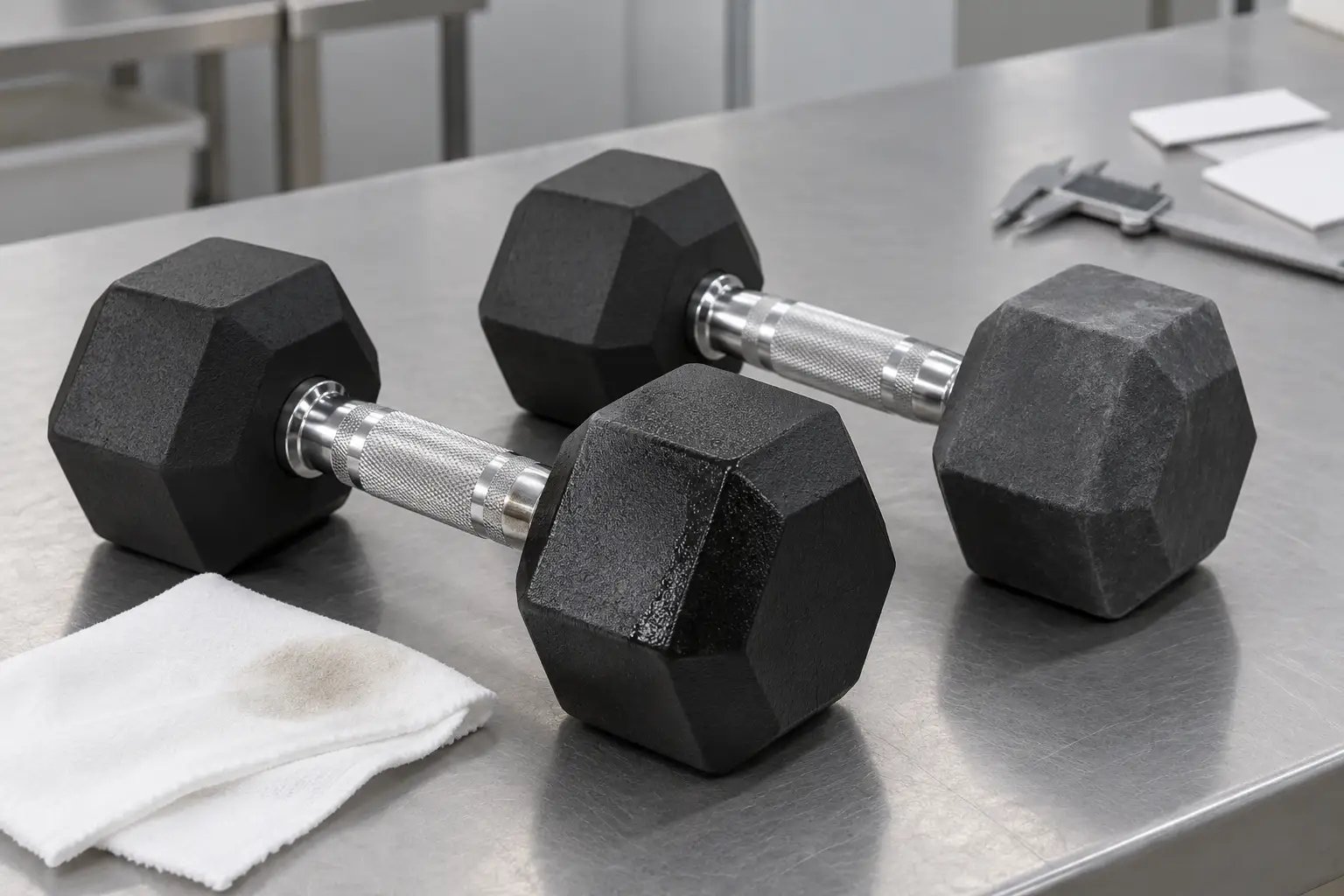 Unbranded black rubber hex dumbbells on an inspection bench with a white cloth comparing dry bloom and oily surface transfer