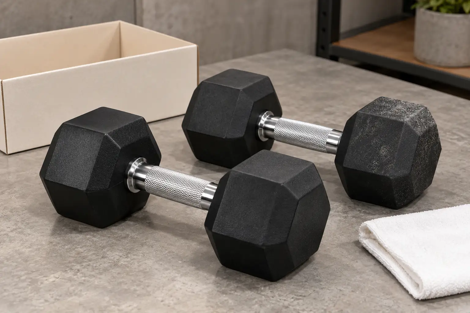 Mancuernas hexagonales negras sin marca sobre mesa de inspección con paño blanco para comparar velo seco y transferencia aceitosa