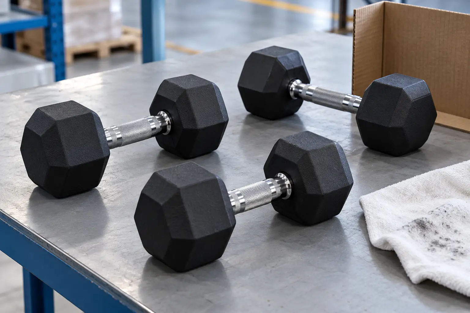 Dumbbell hex karet hitam tanpa merek di meja inspeksi dengan kain putih membandingkan lapisan kering dan transfer minyak