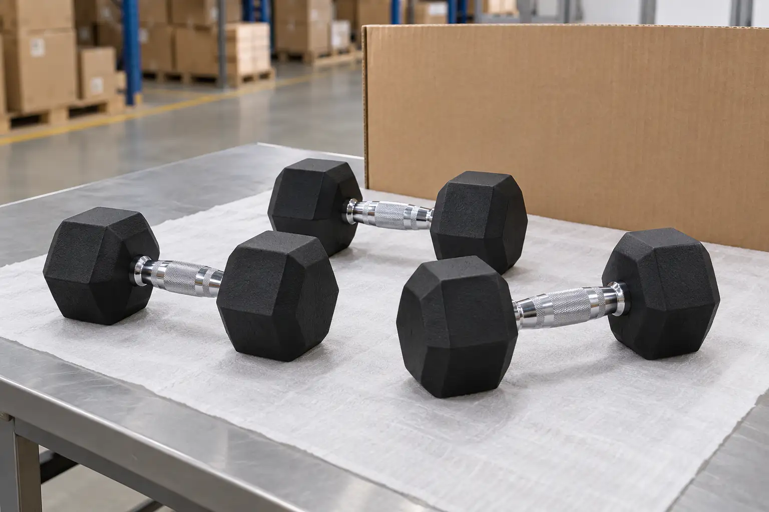 Ongemerkte zwarte hex dumbbells op inspectietafel met witte doek die droge waas en vettige overdracht vergelijkt