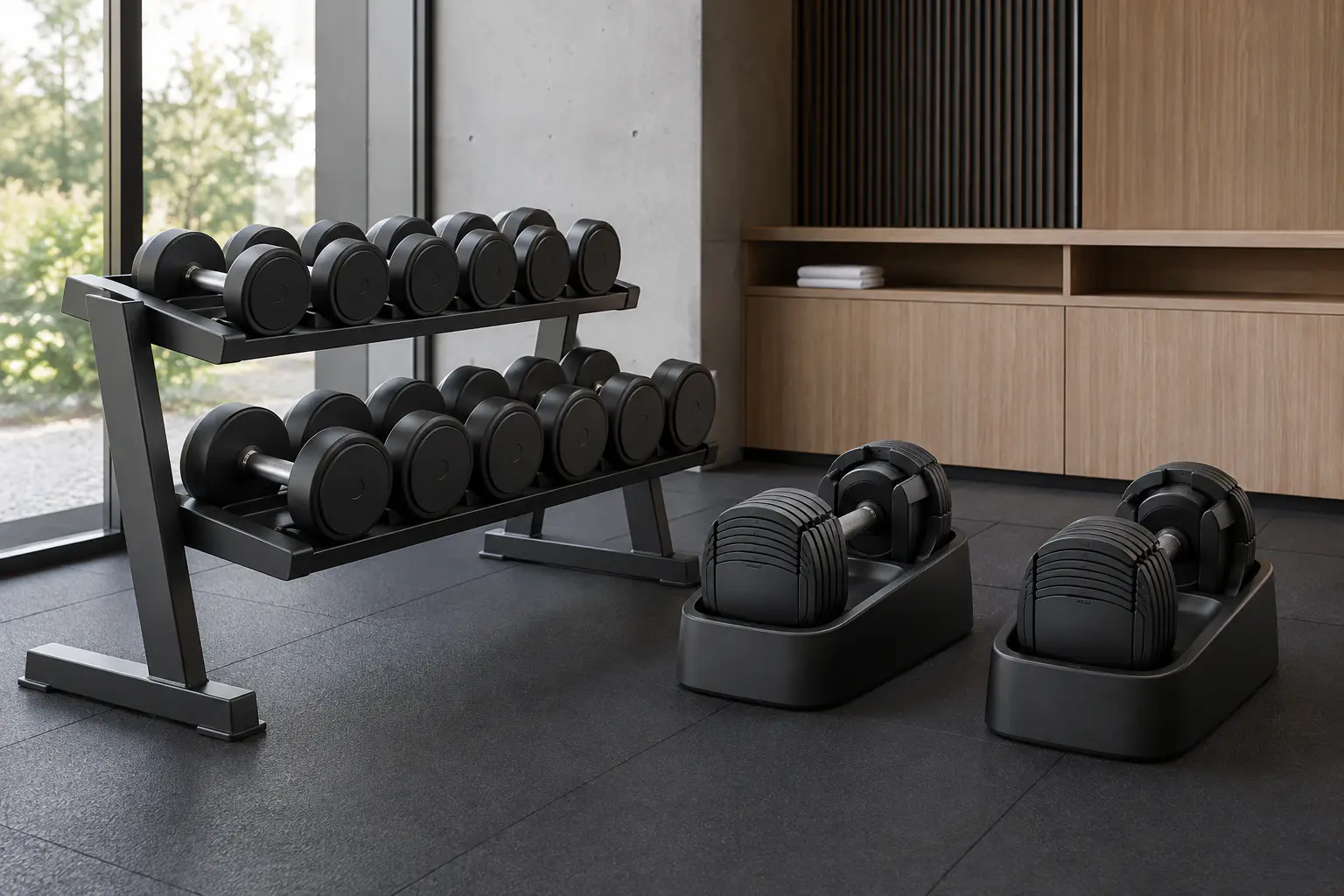Fixed dumbbell tiers and a compact adjustable dumbbell station viewed from the training floor