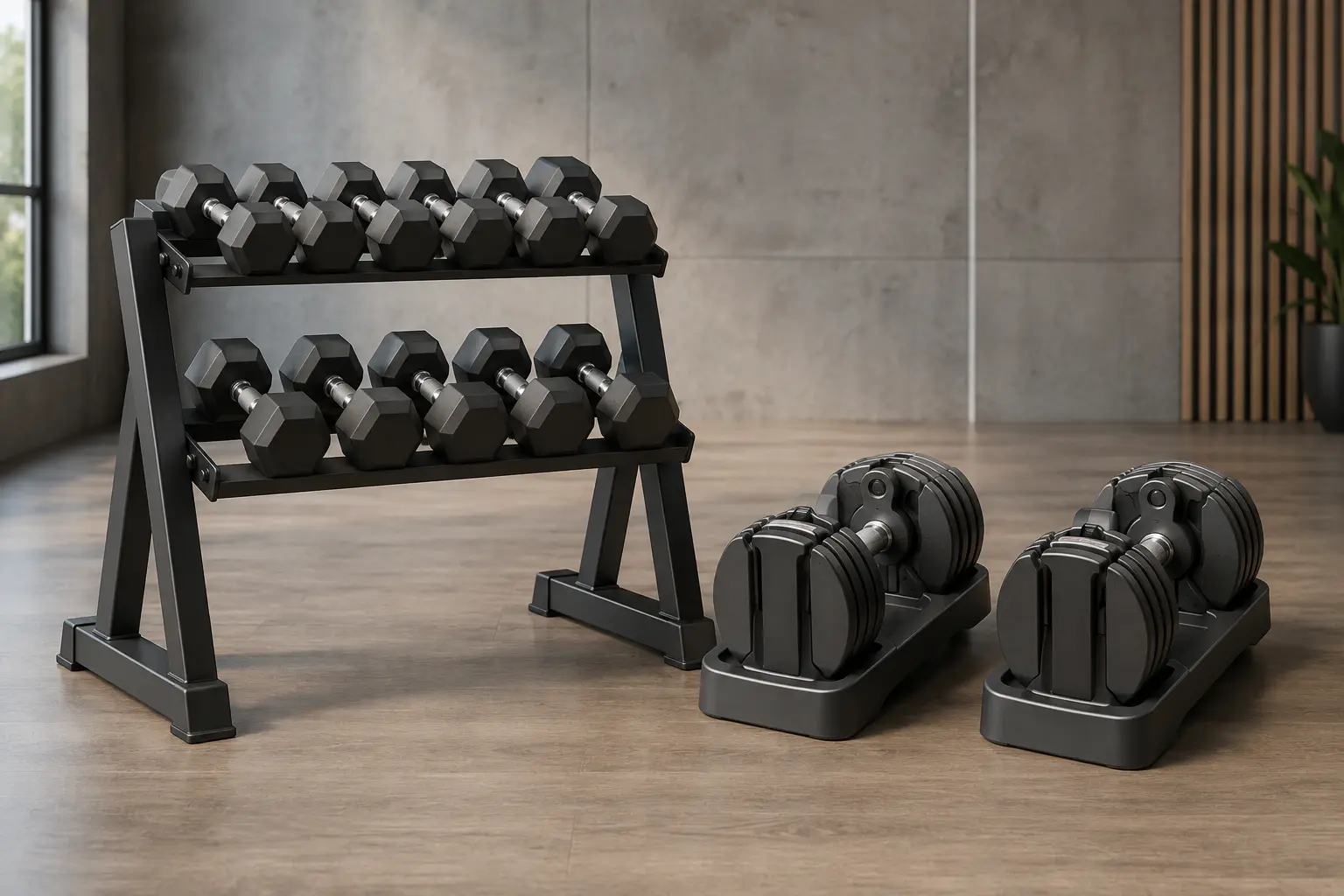 Unbranded fixed dumbbell rack beside two selectorized adjustable dumbbells in a commercial gym showroom