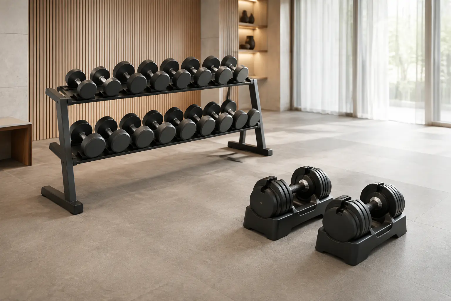 Rak dumbbell tetap tanpa merek di samping dua dumbbell pemilih dalam gym komersial
