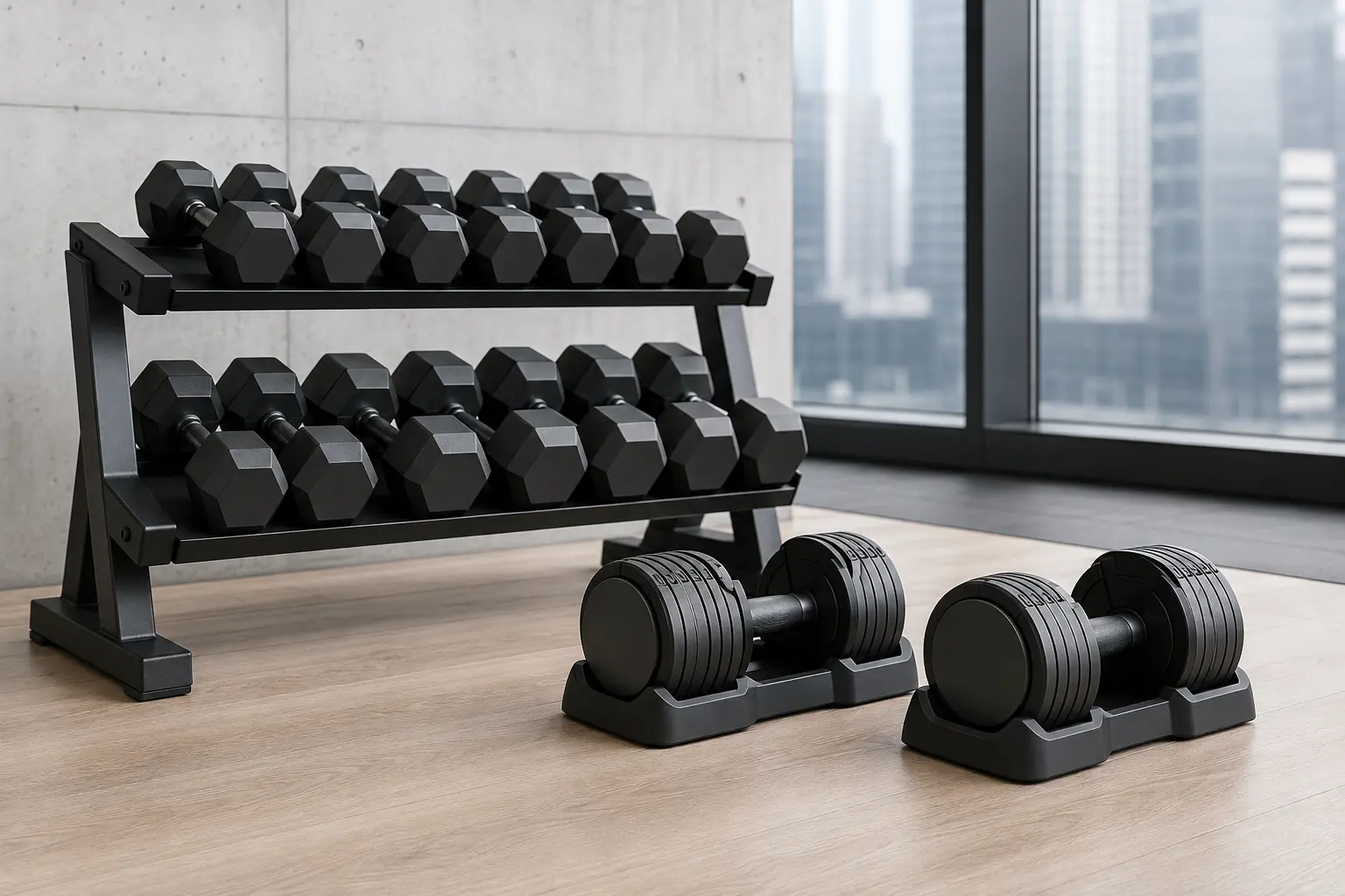Two unmarked adjustable dumbbells in their bases beside a complete fixed dumbbell range