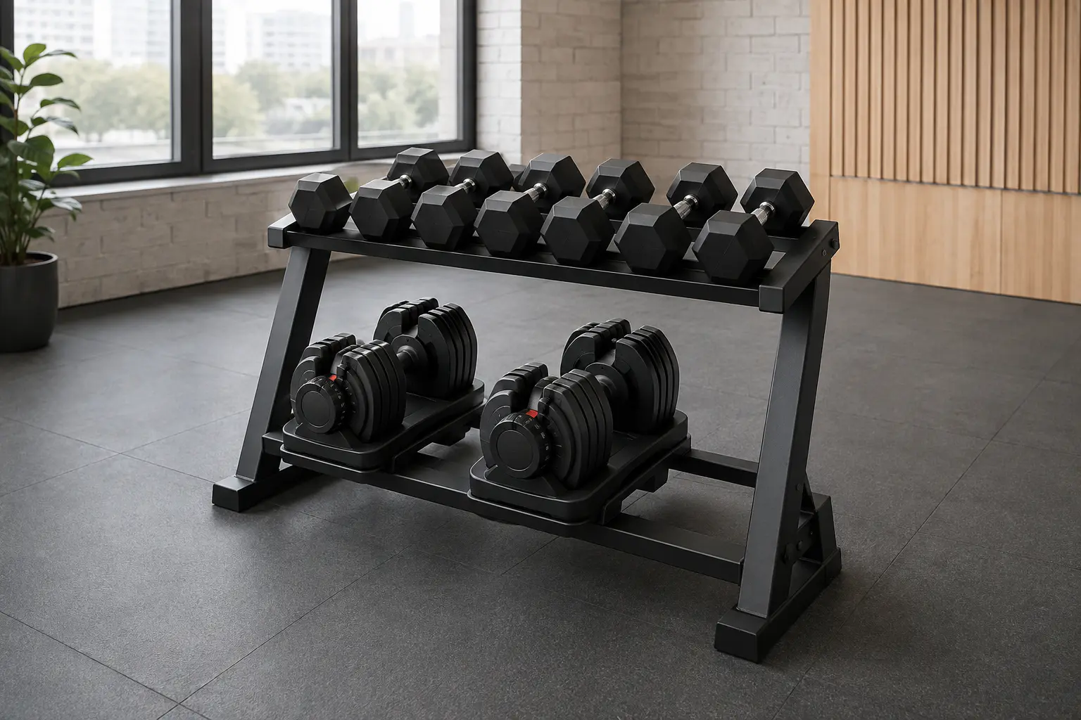Merkloos rek met vaste dumbbells naast twee selecteerbare dumbbells in een sportschool
