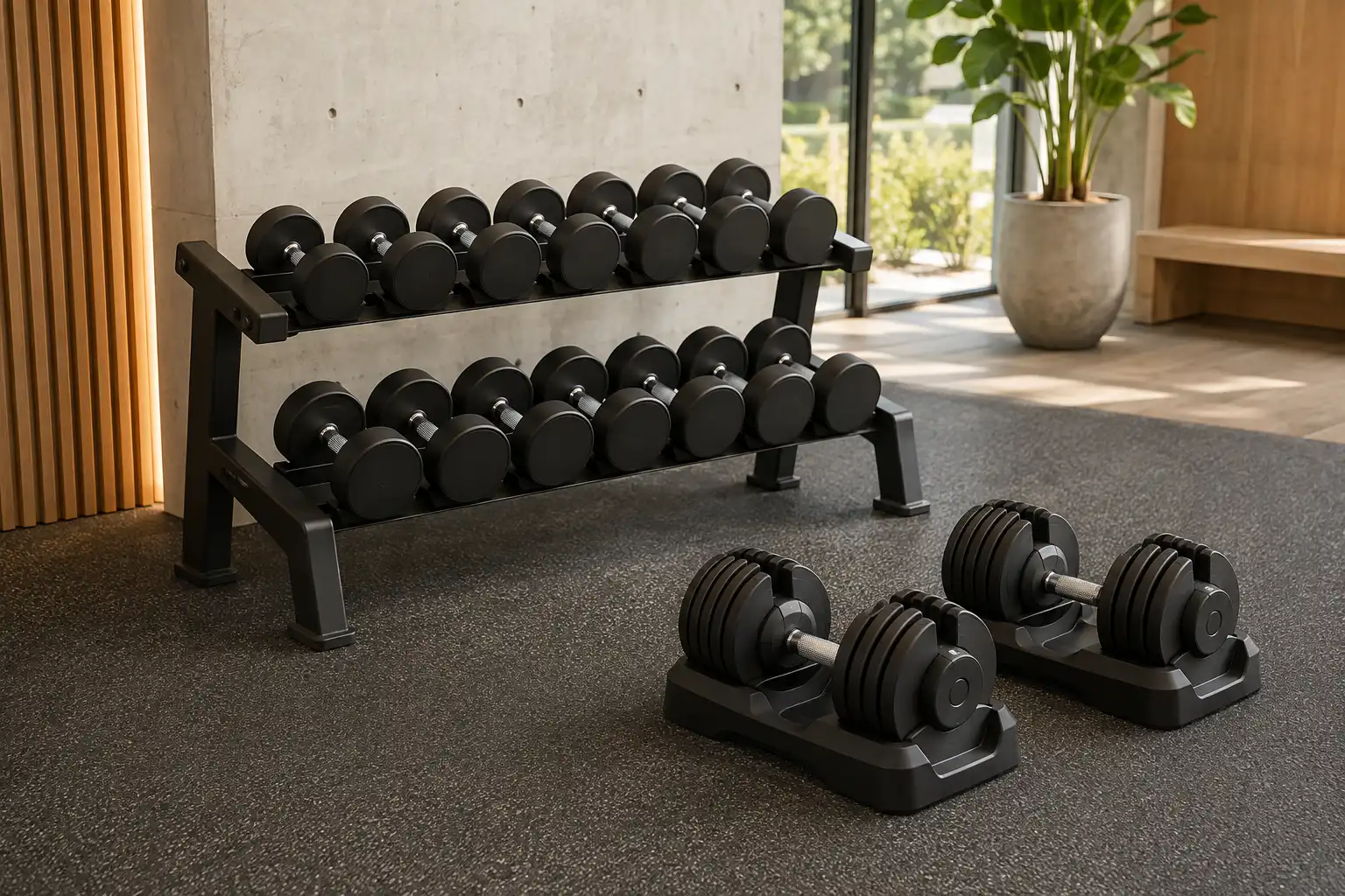 Rack de halteres fixos sem marca ao lado de dois halteres seletorizados em uma academia comercial