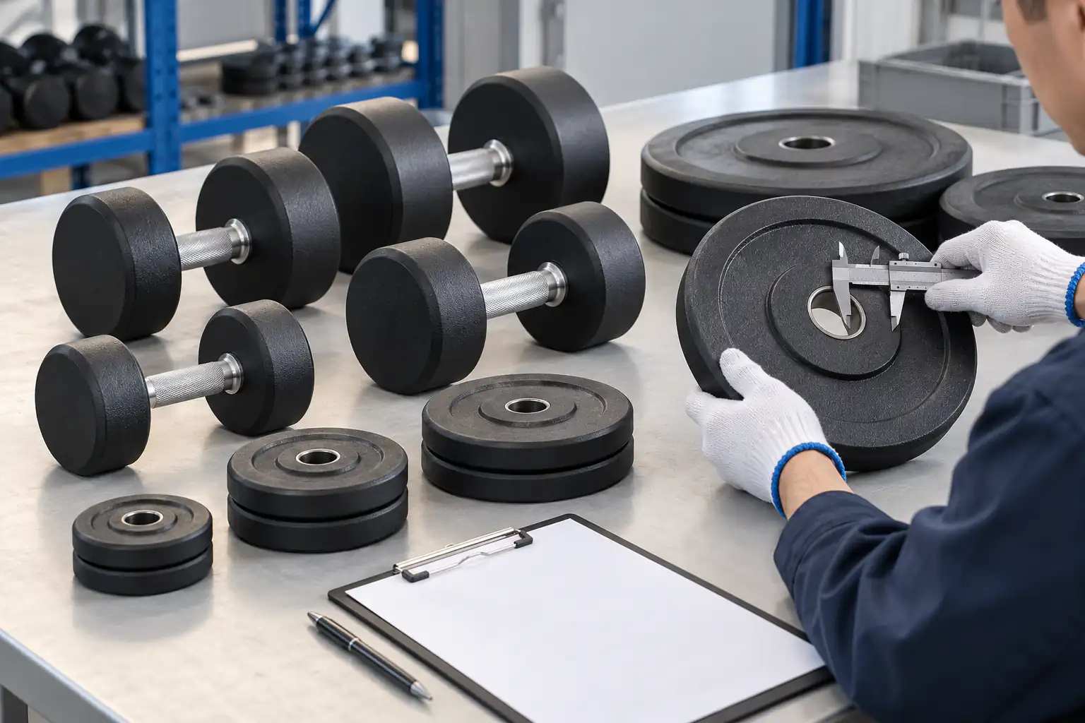Unbranded dumbbells and weight plates arranged with a caliper and blank inspection clipboard