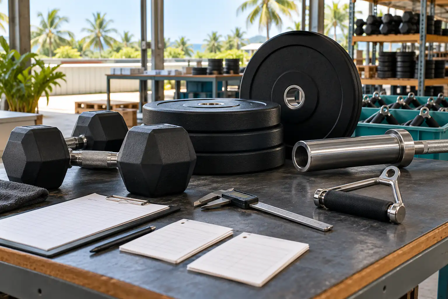 Dumbbell, weight plate, sleeve bar, dan cable handle tanpa merek di meja inspeksi