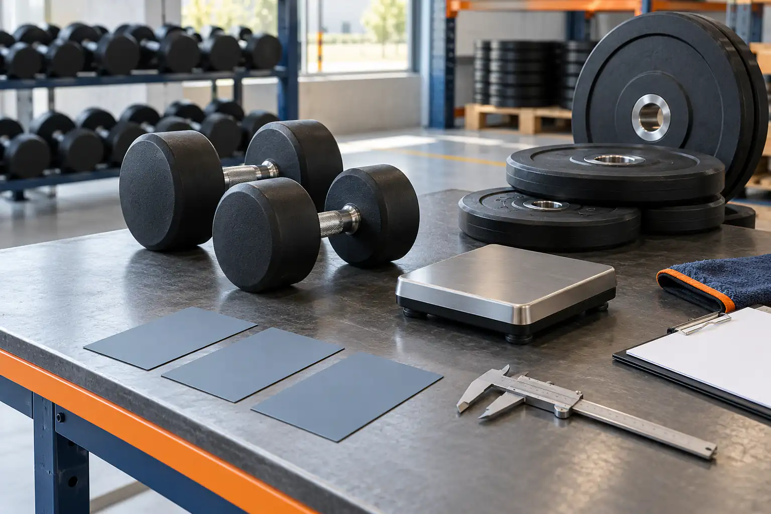 Merkloze dumbbells en halterschijven met weegschaal, schuifmaat en lege steekproefkaarten