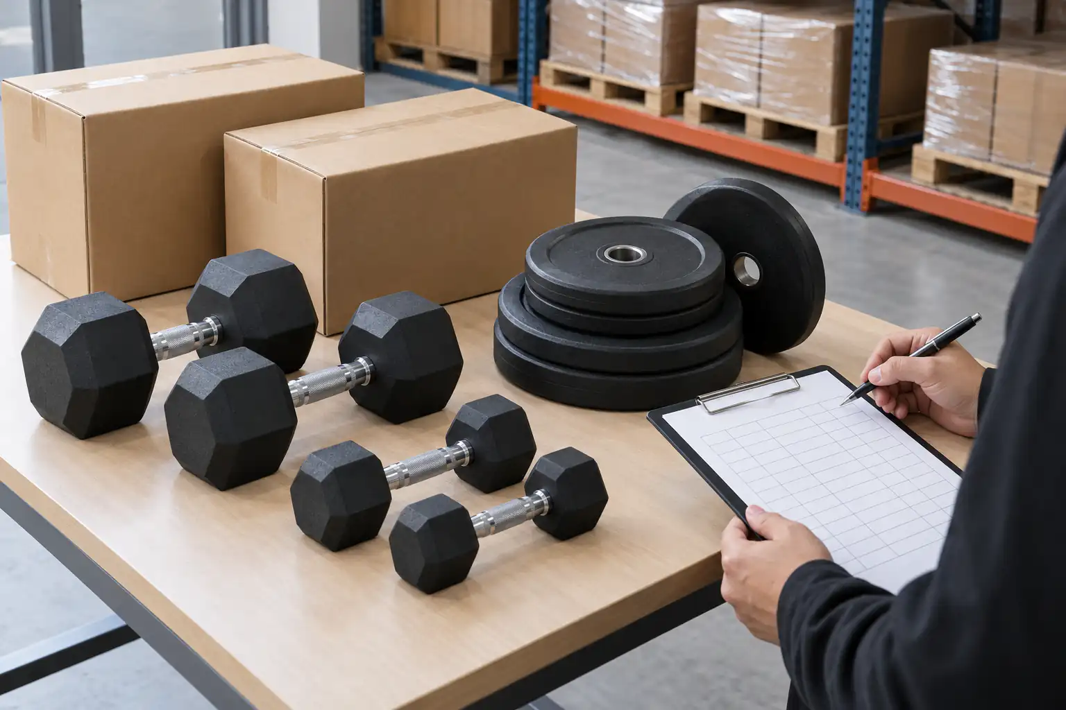 Mixed unbranded hex dumbbells and Olympic plates beside plain cartons and a blank order grid
