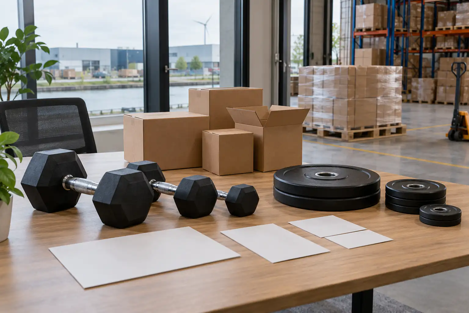 Ongemerkte dumbbells en olympische schijven met blanco kaarten en neutrale dozen in een logistieke ruimte