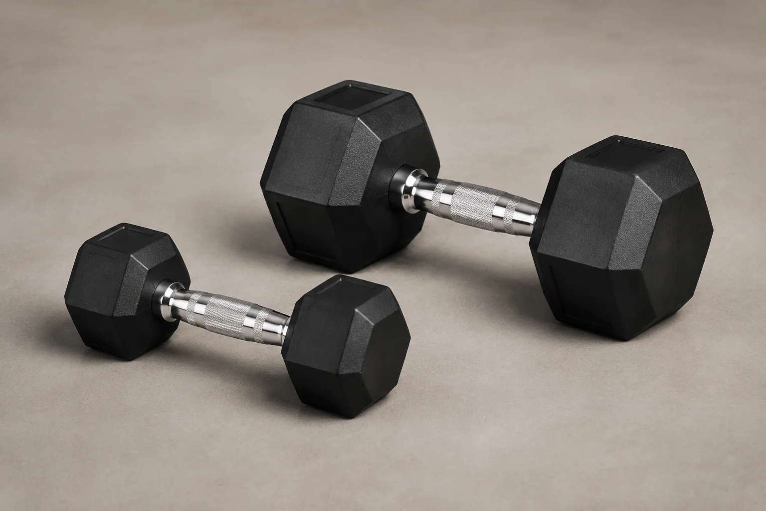 Two unmarked hex dumbbells of different sizes on a neutral studio surface