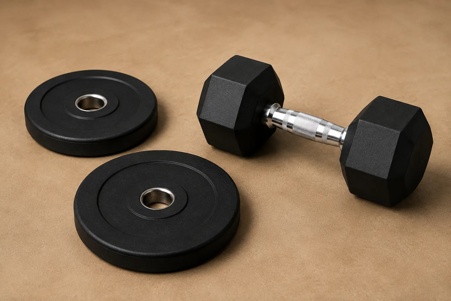 Dua plate hitam dan satu dumbbell hex tanpa penandaan