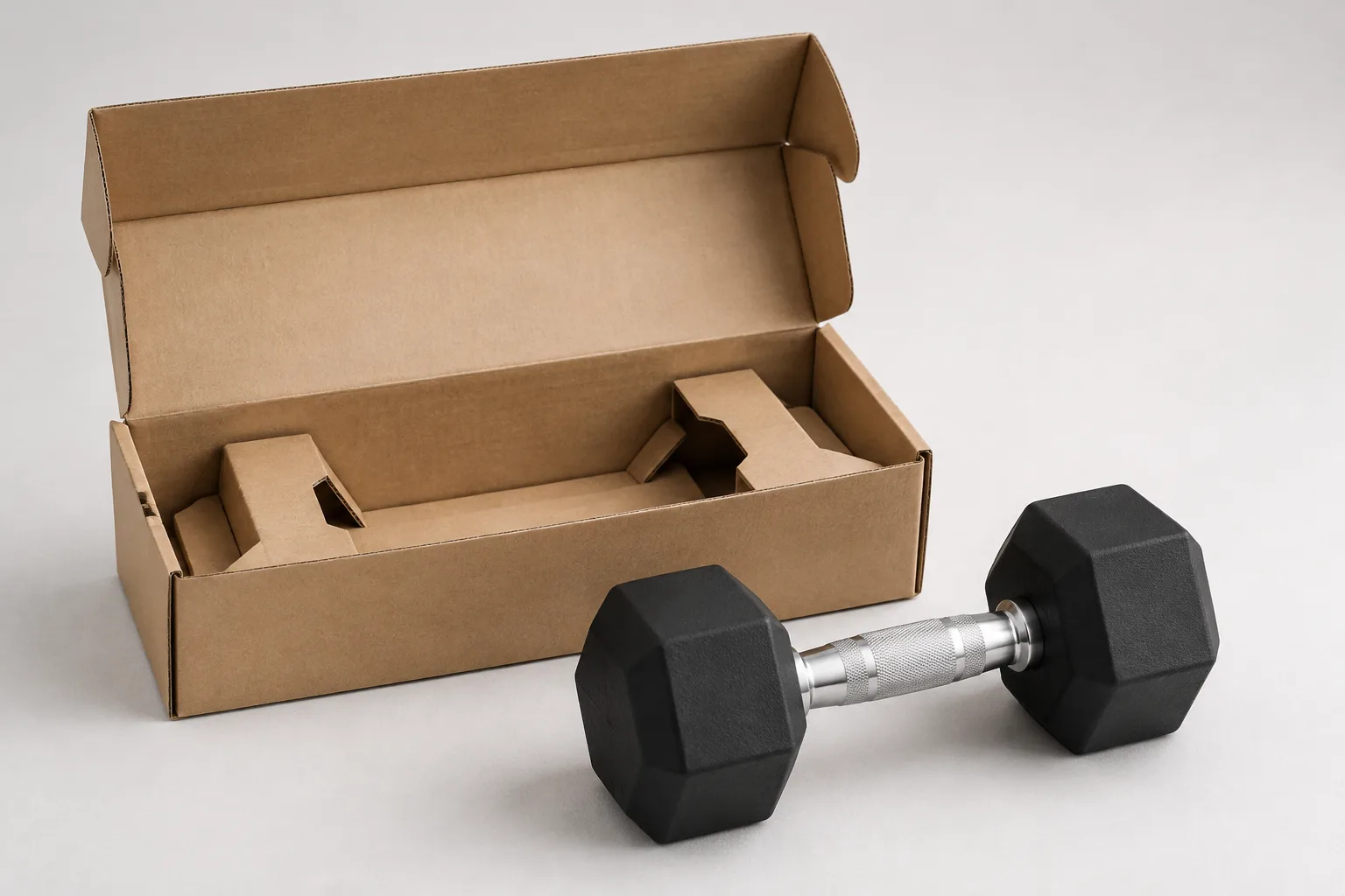 An unmarked hex dumbbell beside an open empty carton