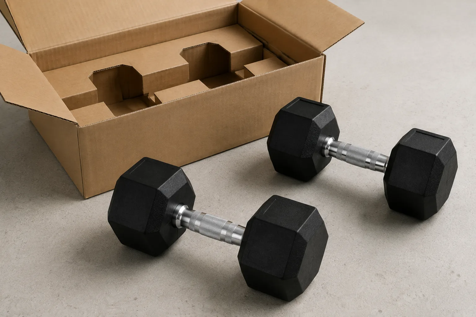 Hai tạ đơn lục giác không có nhãn cạnh thùng carton mở
