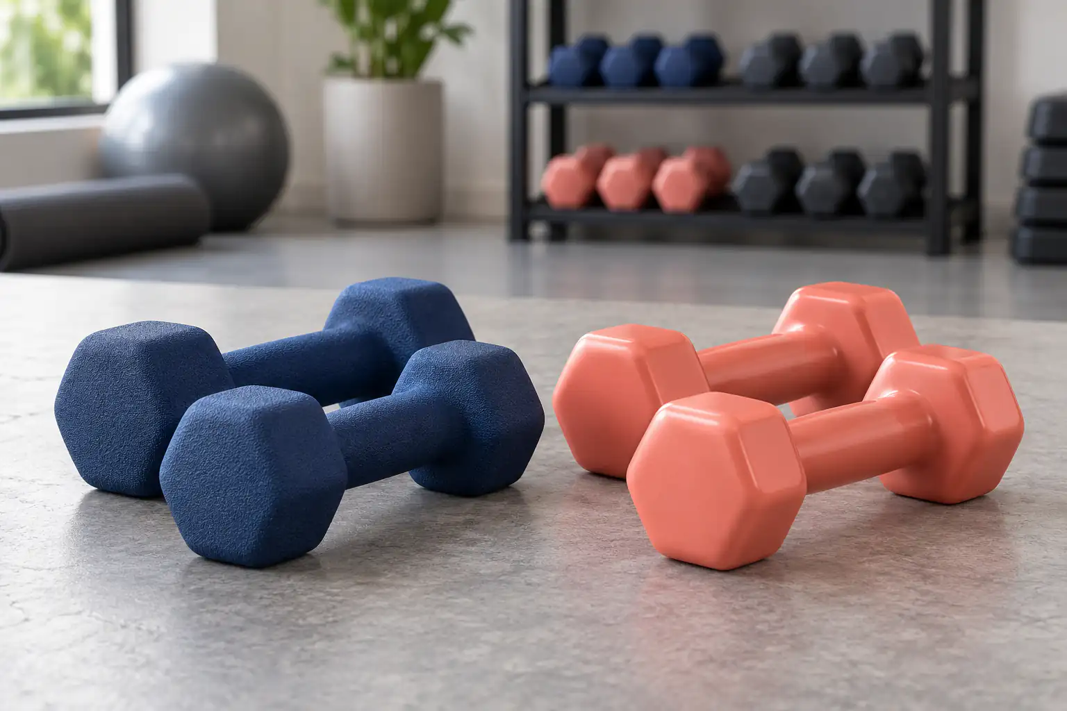 Unbranded teal neoprene-style and burgundy vinyl-style hex dumbbells compared on a neutral procurement table