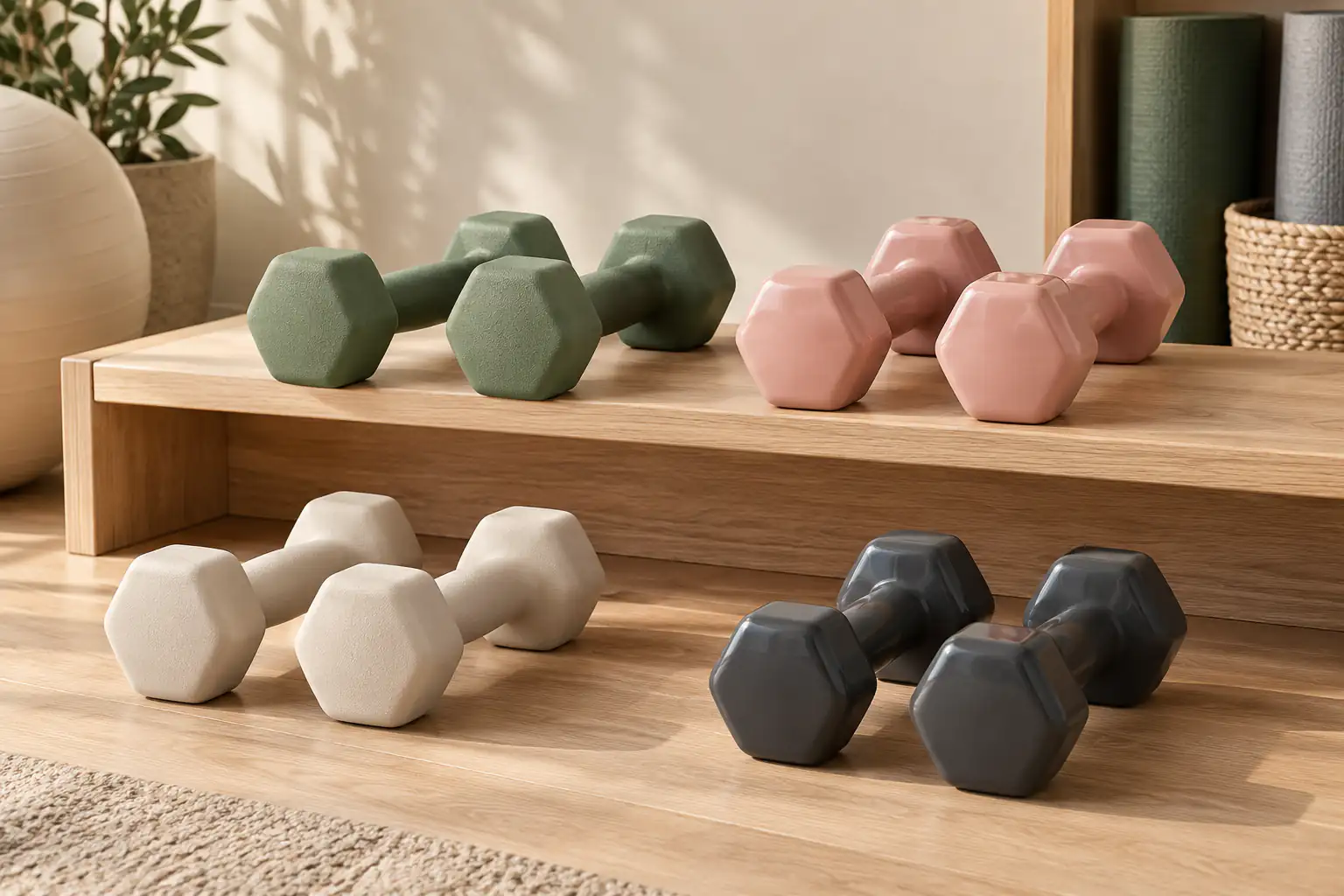 Haltères hexagonaux sans marque aux finitions néoprène turquoise et vinyle bordeaux comparés sur une table neutre