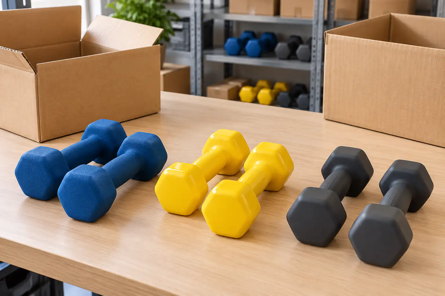 Dumbbell heksagonal tanpa merek dengan permukaan hijau kebiruan bergaya neoprene dan merah anggur bergaya vinyl di meja netral