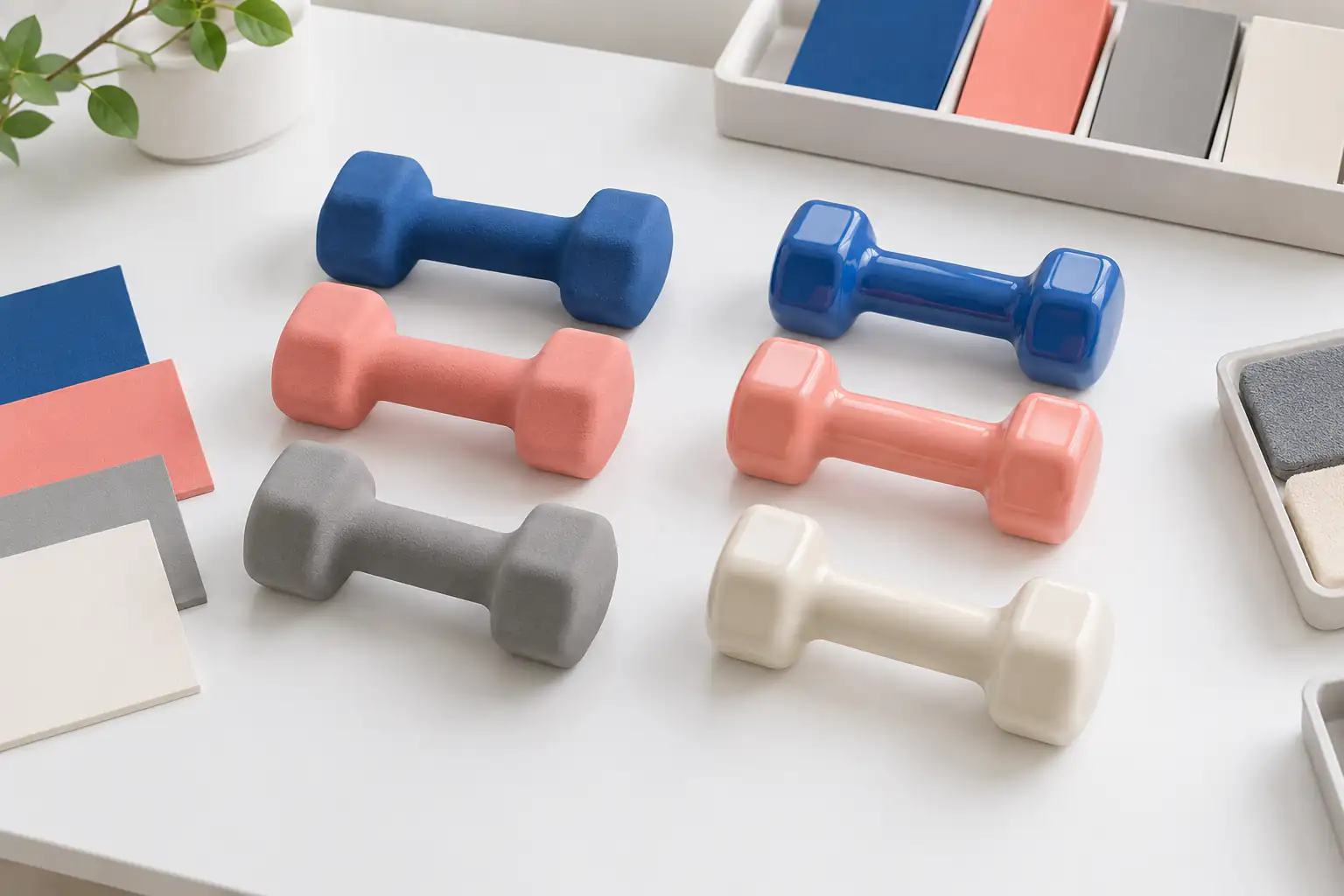 중립적인 구매 검토 테이블 위에 놓인 무브랜드 청록색 네오프렌형 덤벨과 버건디색 비닐형 덤벨