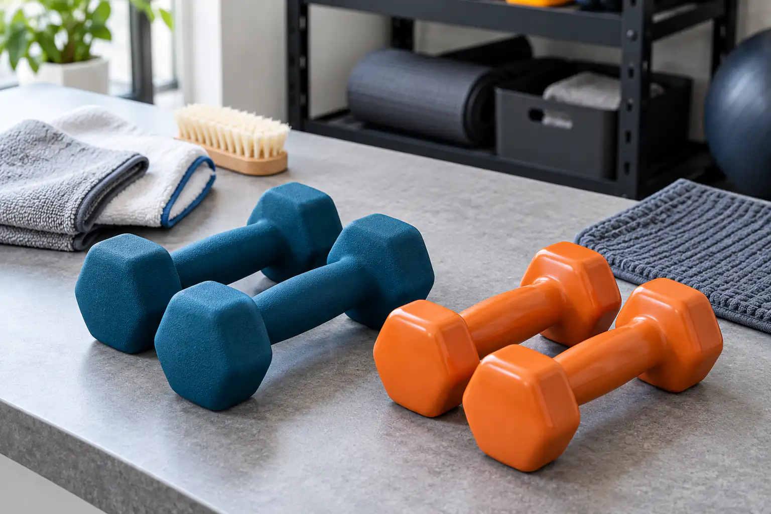 Merkloze zeshoekige dumbbells met turquoise neopreenachtige en bordeauxrode vinylachtige afwerking op neutrale inkooptafel