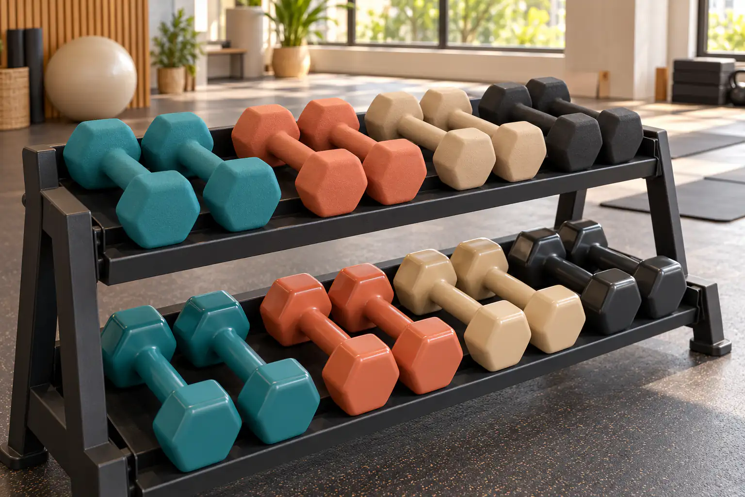 Halteres hexagonais sem marca em acabamentos verde de neoprene e vinho de vinil sobre mesa neutra de compras