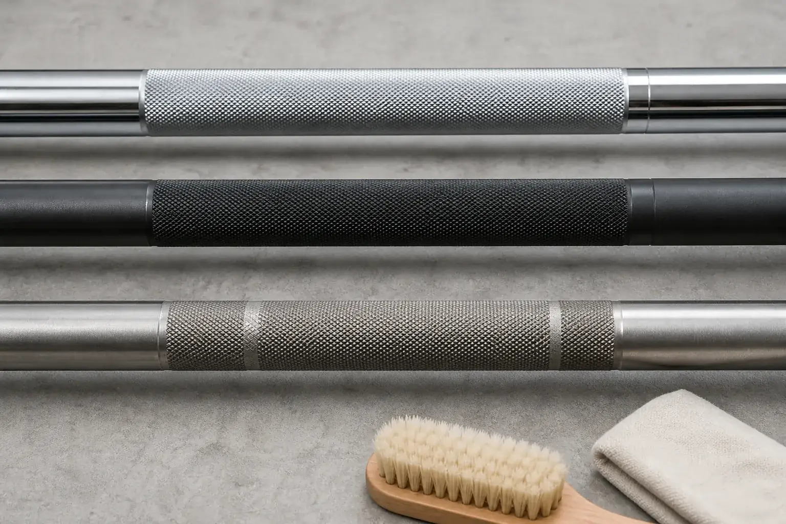 Three unbranded barbell shaft finishes and knurl patterns