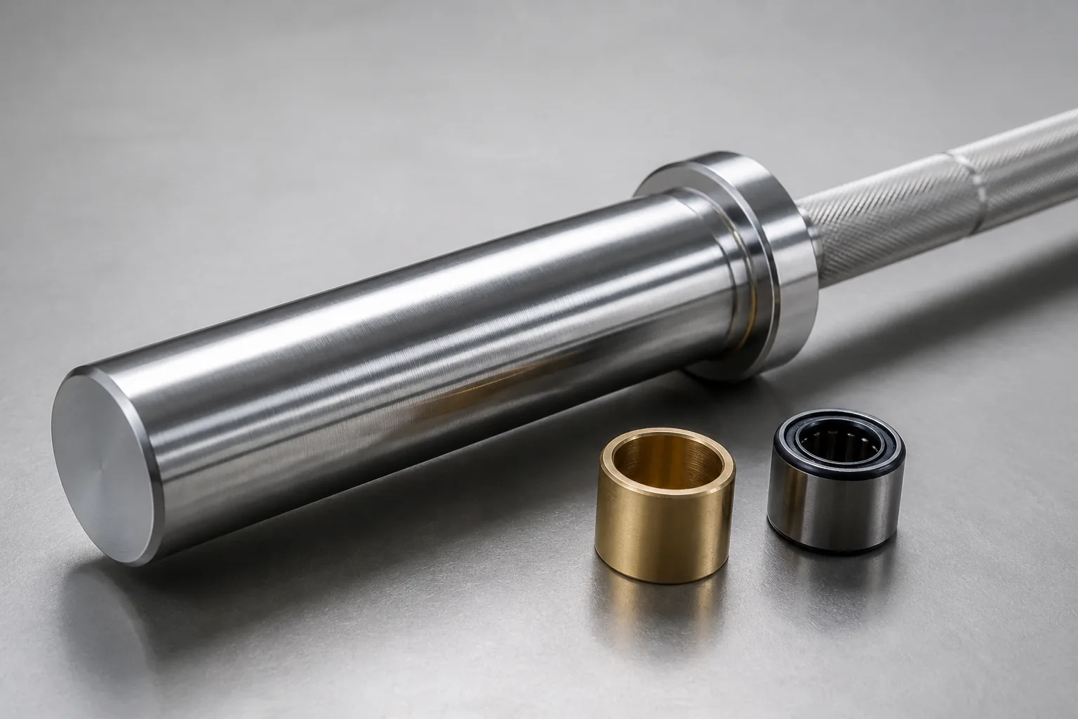 Unbranded barbell sleeve beside bronze bushing and sealed bearing samples