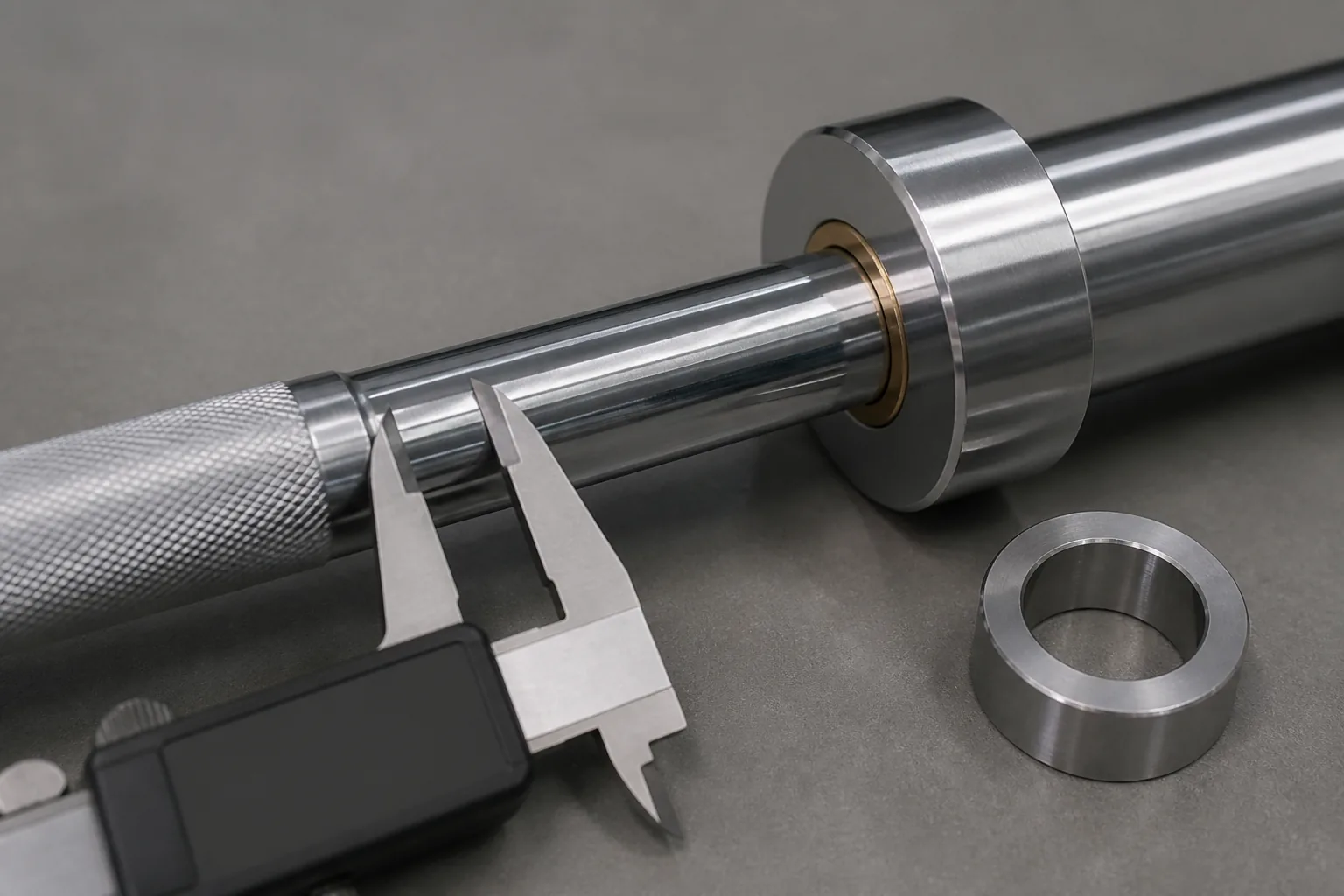 Caliper and ring gauge beside an unbranded Olympic barbell shaft
