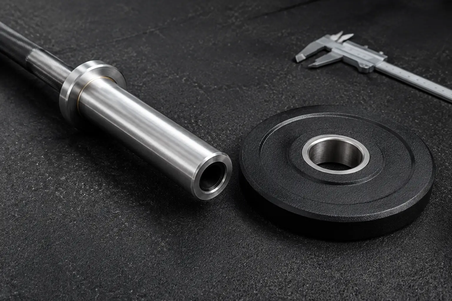 Caliper beside an Olympic bar sleeve and steel plate insert prepared for dimensional inspection