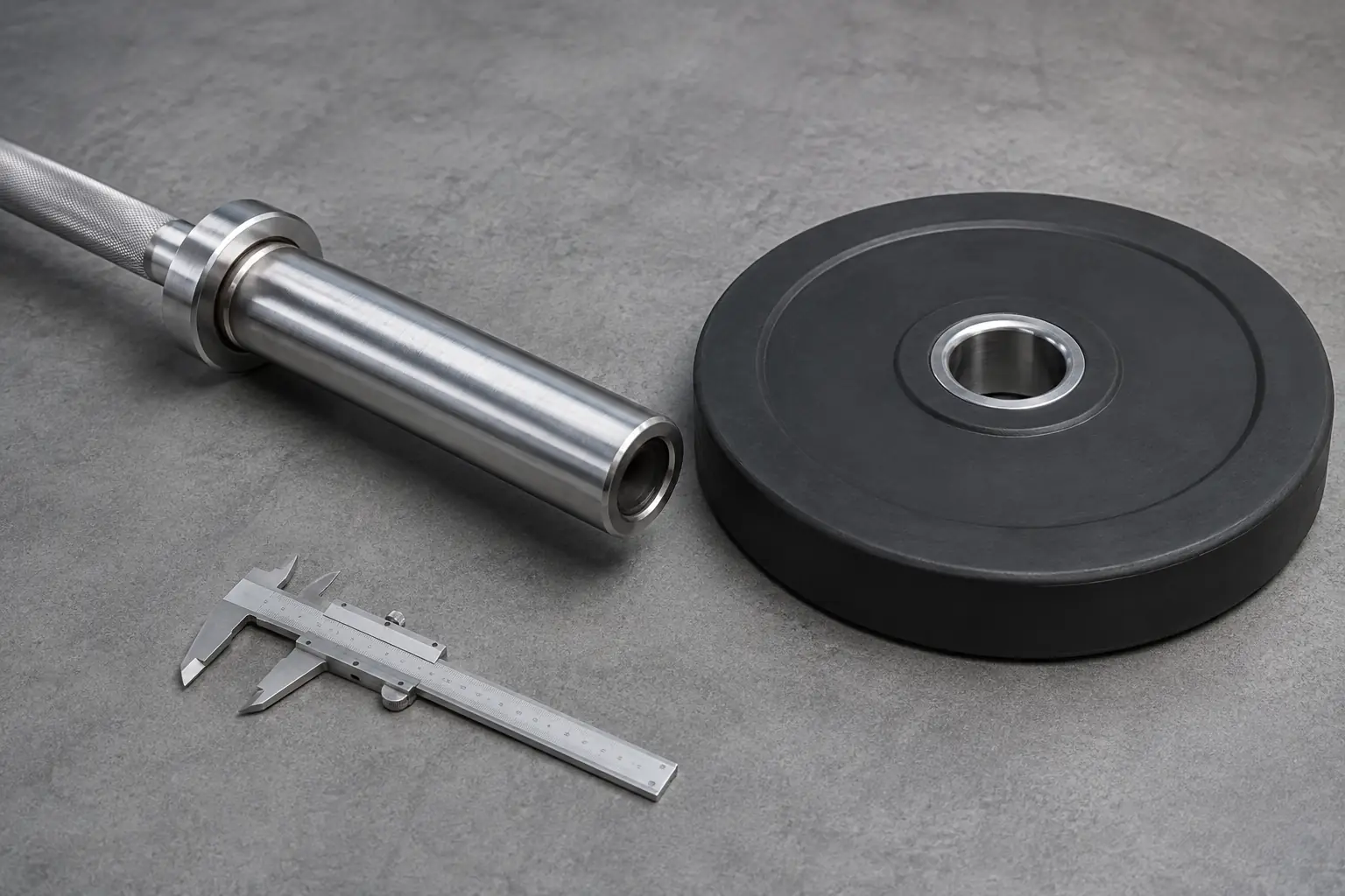 Unbranded Olympic weight plate bore beside a finished barbell sleeve on an inspection bench