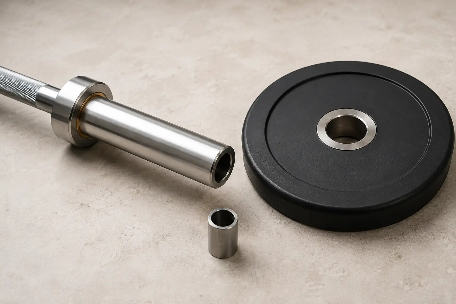 Alésage d’un disque olympique sans marque près d’un manchon de barre fini