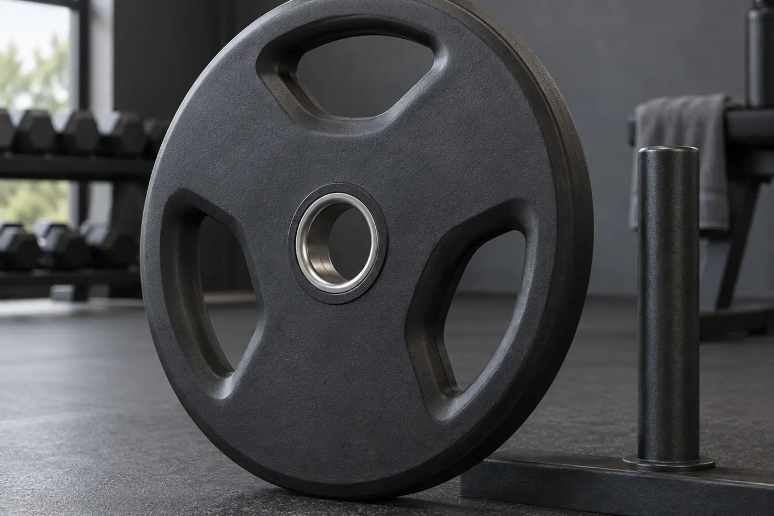 Unbranded black grip plate with three hand openings and separate metal center bore