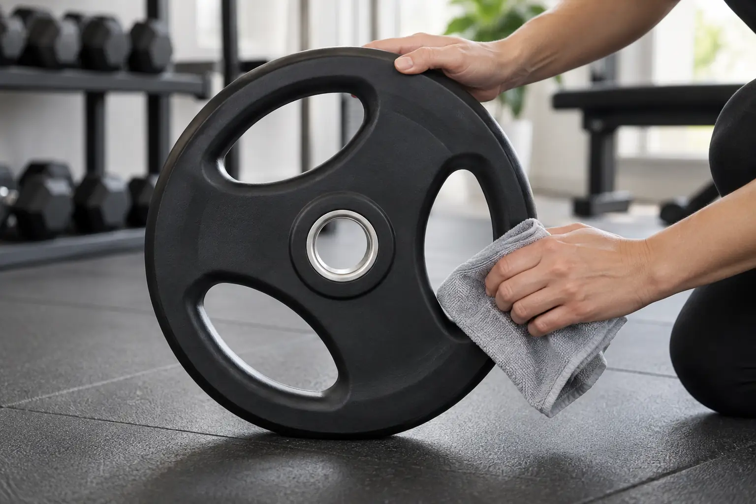Disco pesi nero senza marchio mentre si controlla il bordo di un'apertura