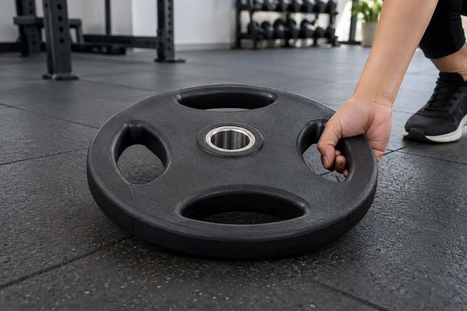 Đĩa tạ đen không nhãn với ba lỗ cầm trên sàn