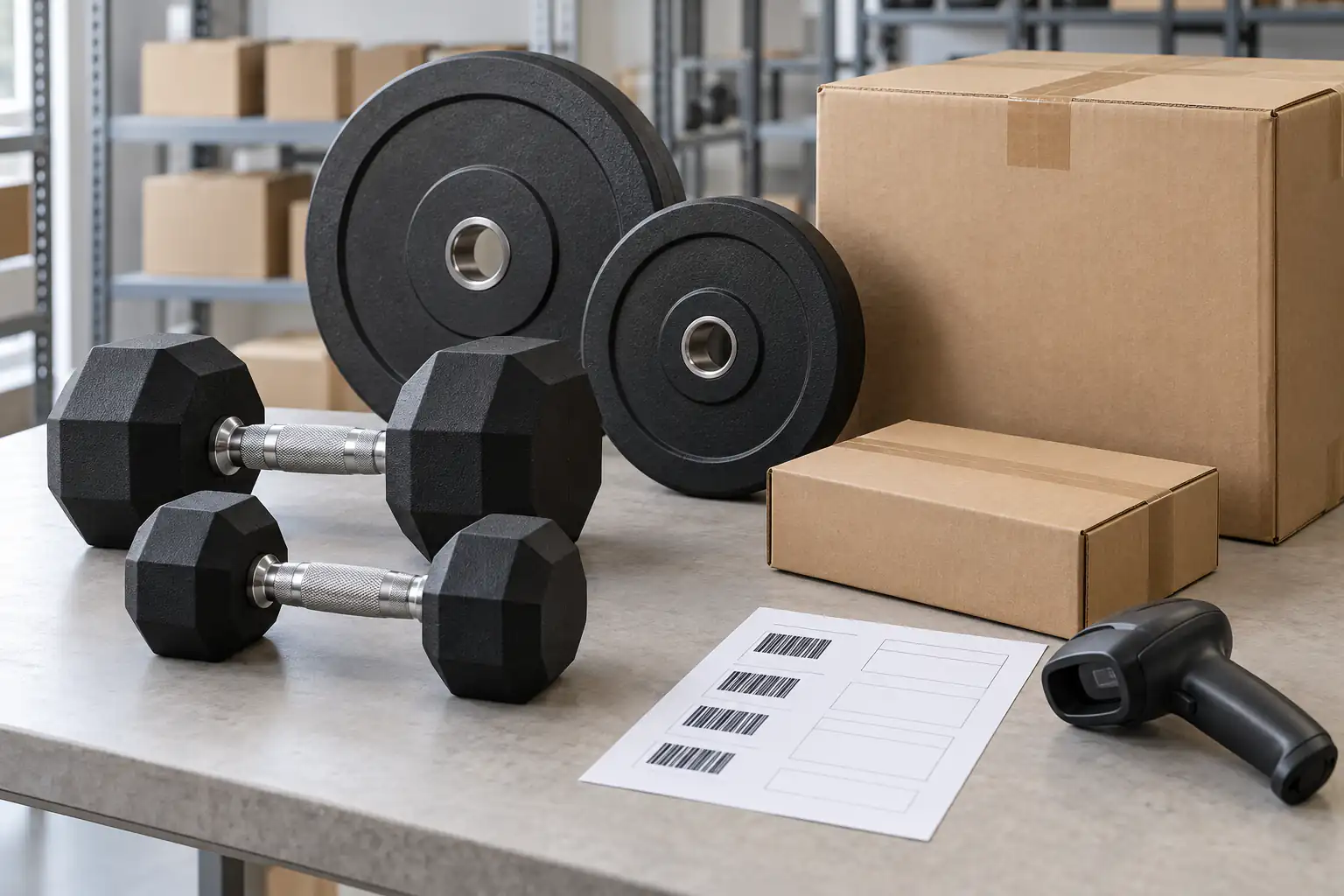Unbranded dumbbells, Olympic plates, plain cartons and a label proof on a sample approval table