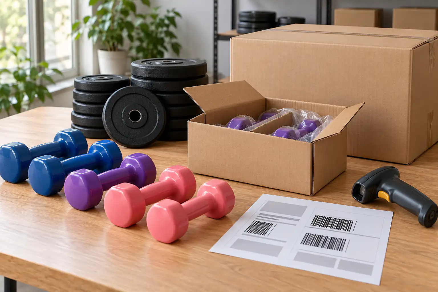Dumbbell warna dan plate tanpa merek di samping karton polos serta bukti label pada meja sampel