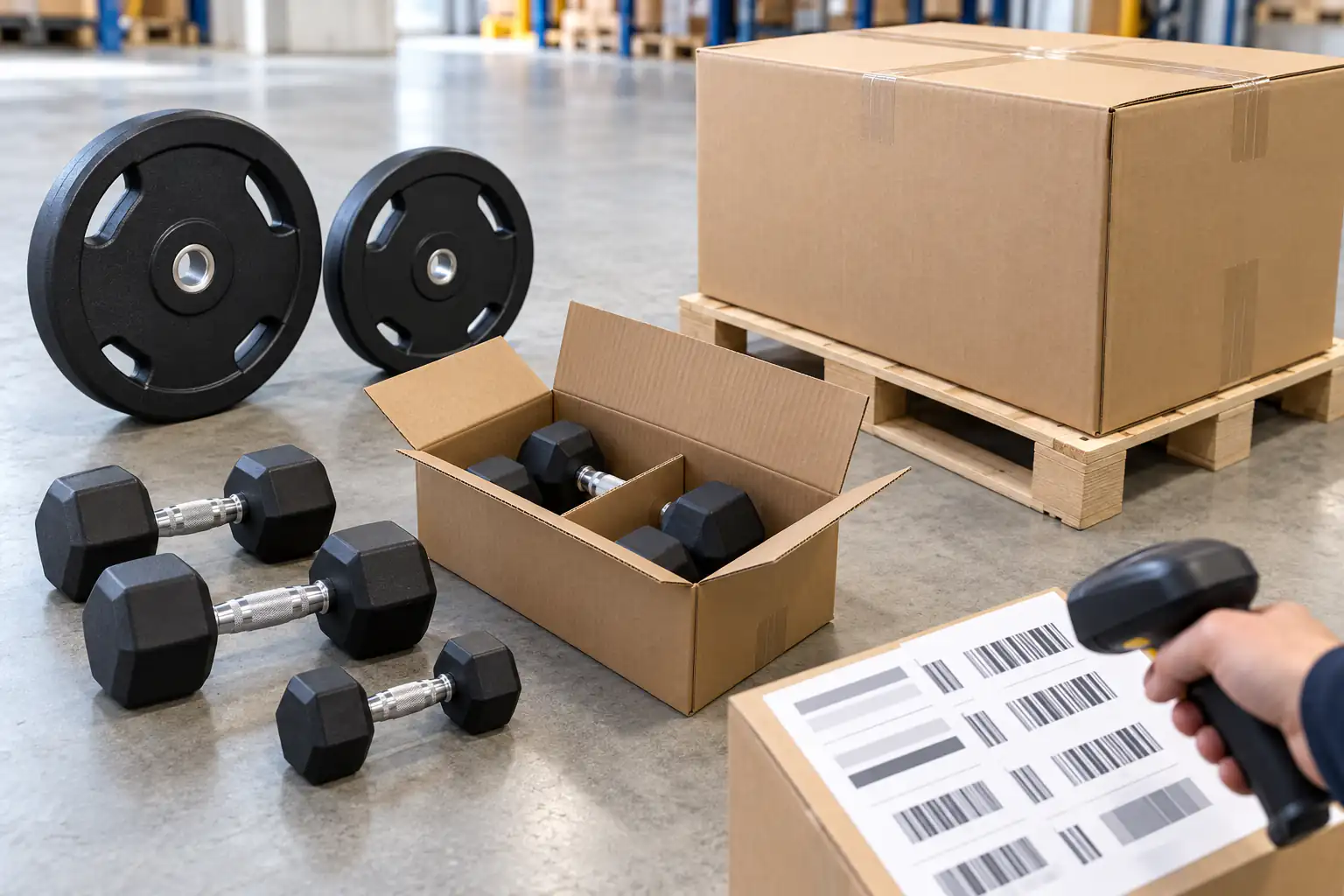 Merkloze dumbbells en halterschijven bij neutrale dozen en een labelproef in logistieke studio