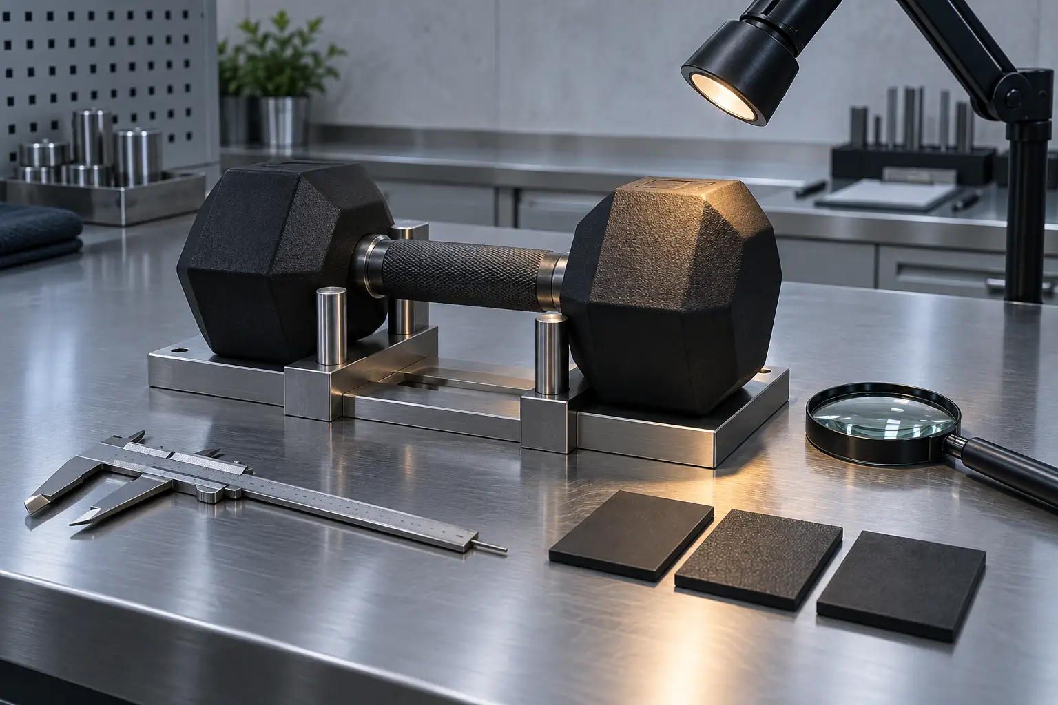 Close view of an unbranded dumbbell head transition with inspection light and magnifier