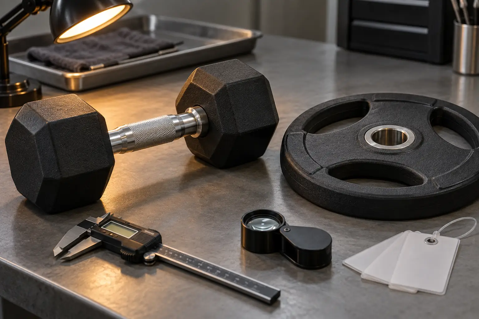 Unbranded rubber hex dumbbell and coated weight plate examined at their coating edges on a neutral inspection bench