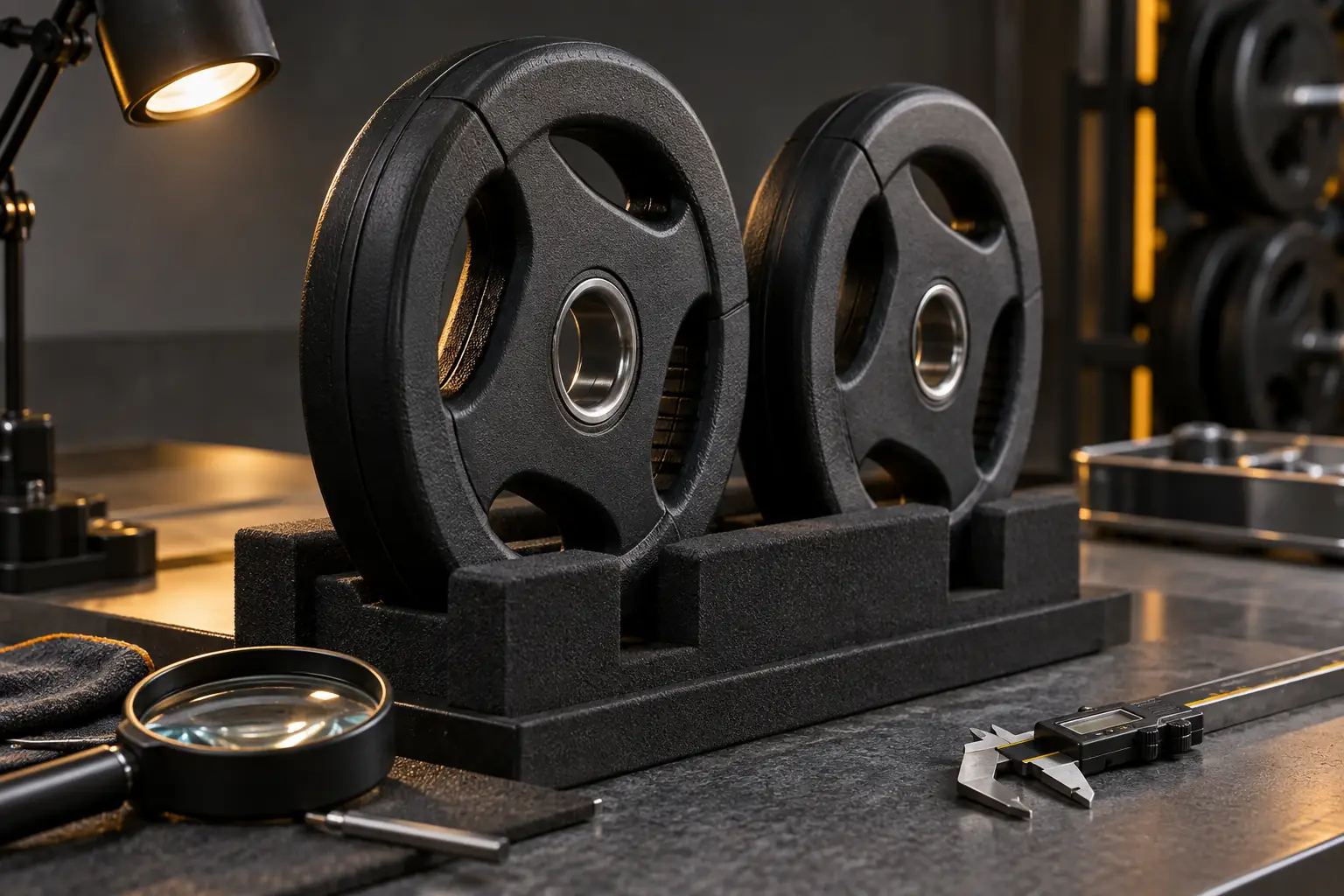 Unbranded coated plates and dumbbells arranged with sample tags and protective separators