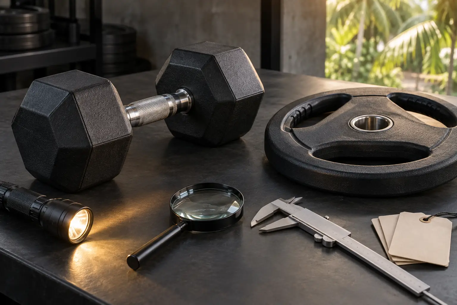 Dumbbell hex dan plate berlapis karet tanpa merek diperiksa pada bagian tepi di meja netral