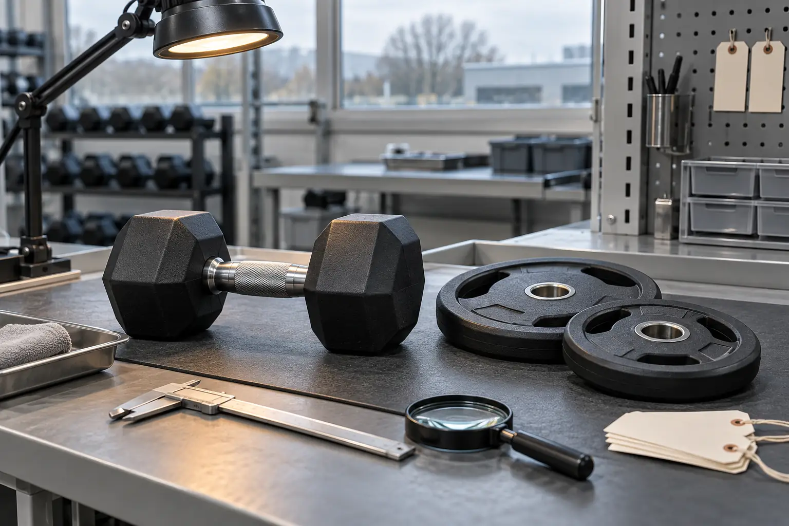 Merkloze rubberen hex dumbbell en gecoate halterschijf bij randcontrole op een neutrale werkbank